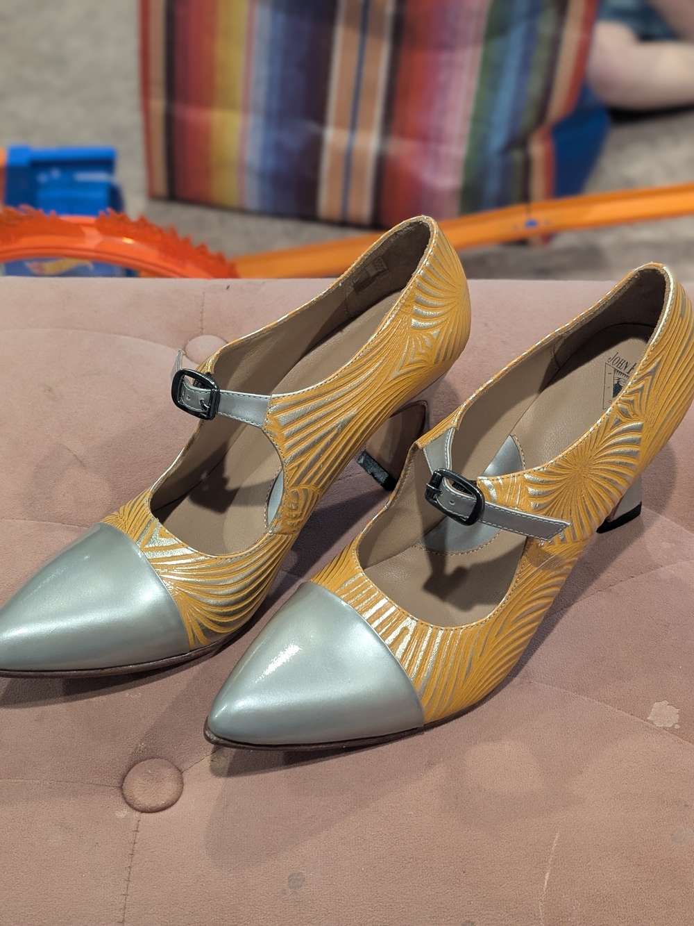 John Fluevogs Yellow & Silver Mary Jane Heels 8.5